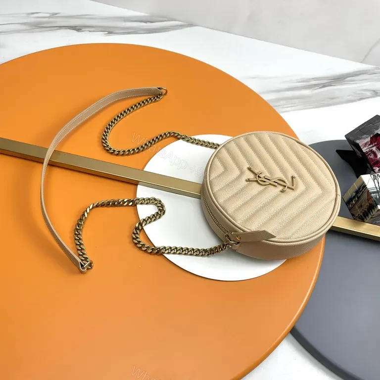 View 4 of Quilted Circular Crossbody Bag with Gold-YSL Emblem