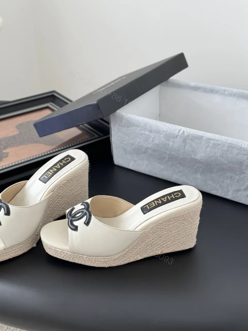 View 2 of Cream Leather Espadrille Mules with Logo Embroidery, Wedge Heel, Open-Toe
