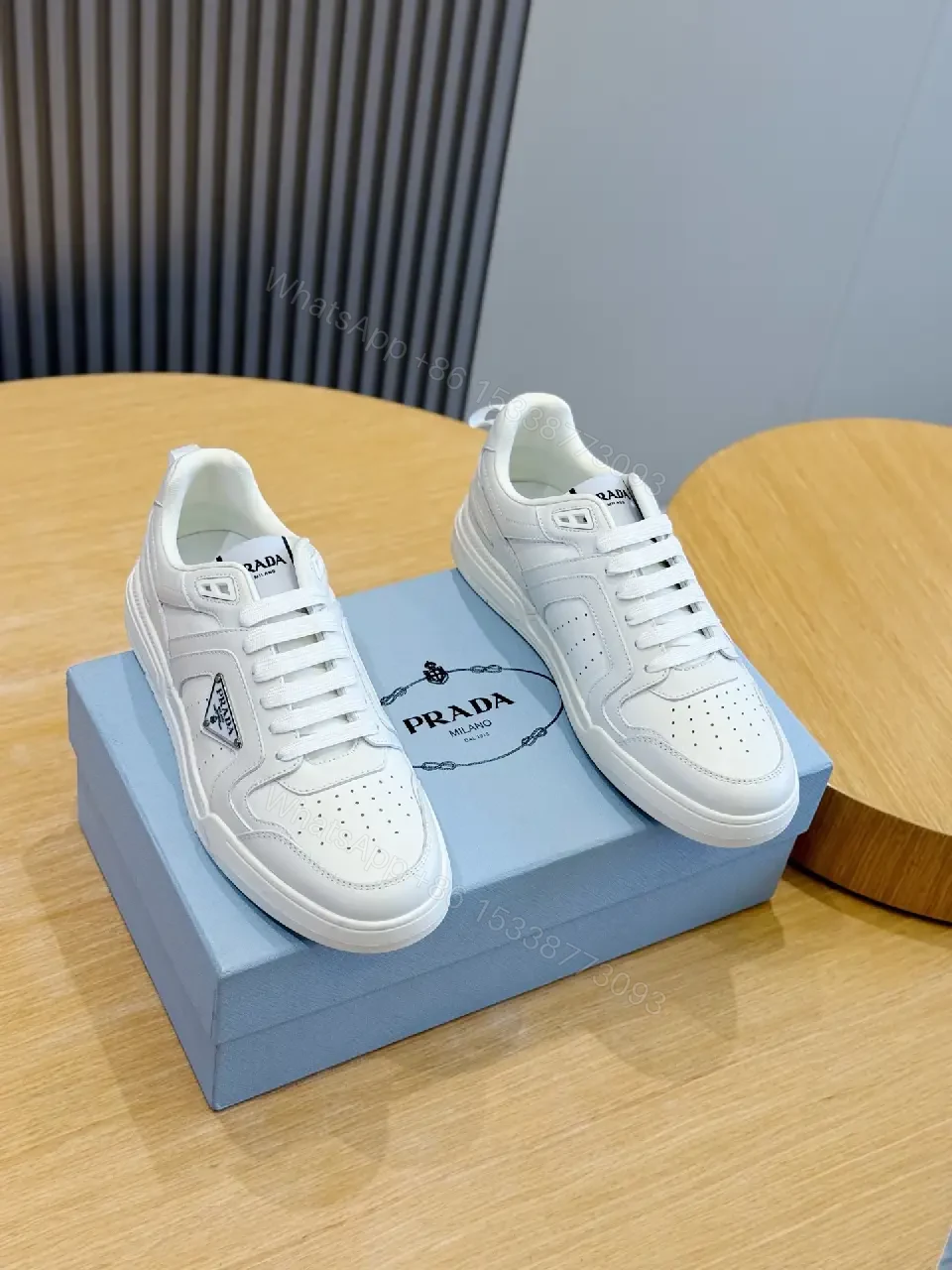 View 10 of White Leather Sneakers Minimalist Cushioning Prada Style Sneakers