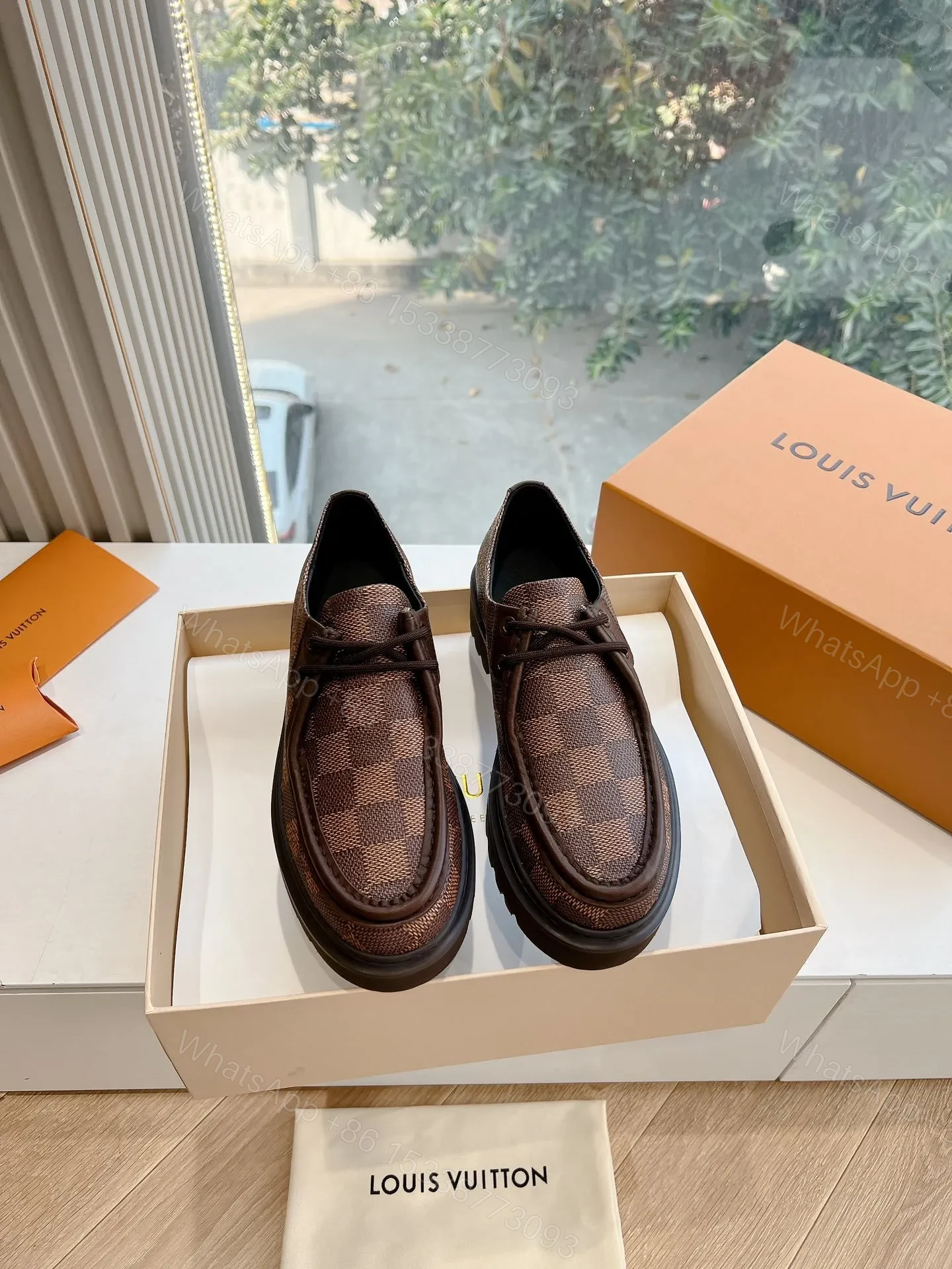LV Women Brown Checkered Leather Loafers — view 1