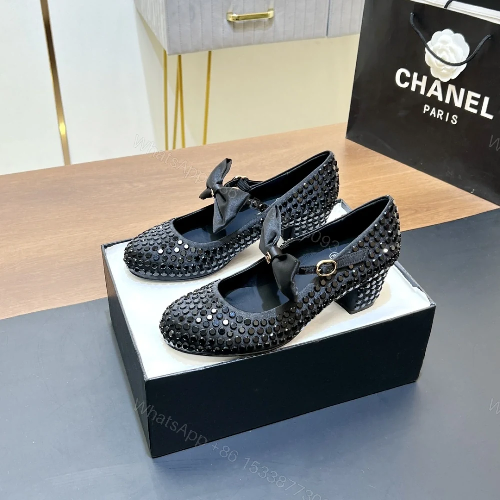 View 4 of 高仿Chanel*G45749B緞子水鑽圓頭單鞋黑色4.5CM免檢版