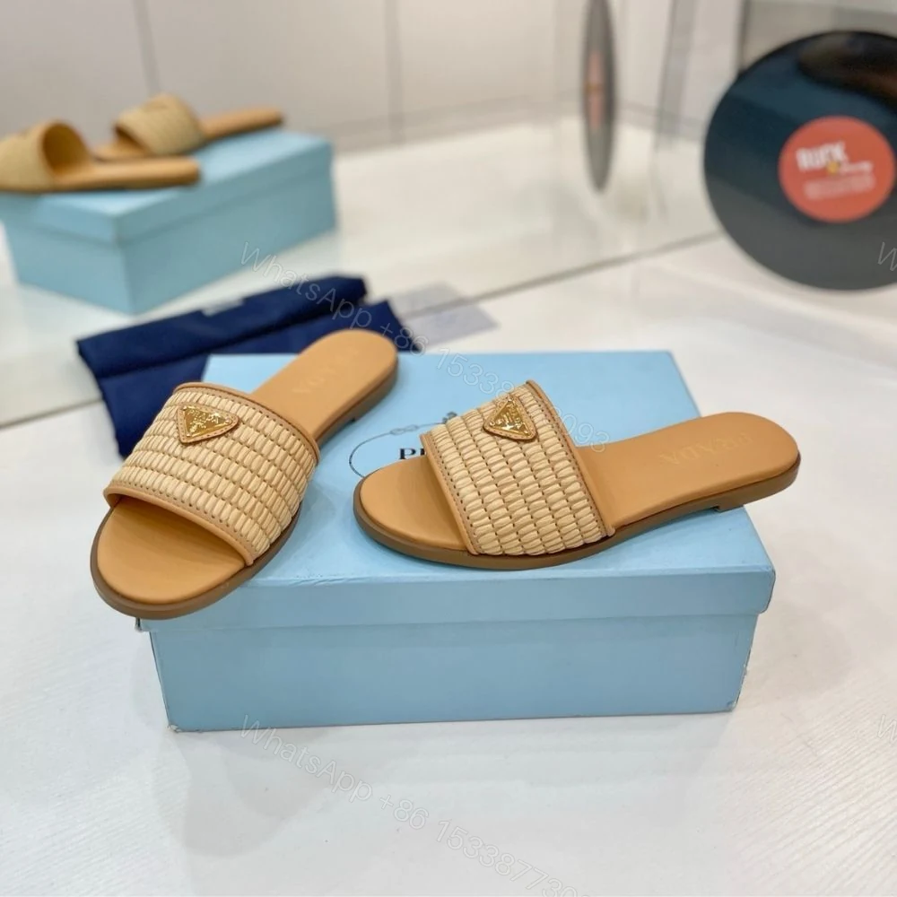 View 6 of Prada Leather Slides With Crochet Details Natural