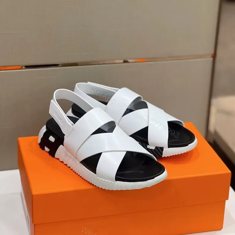 View 6 of White Leather Cross-Strap Platform Sandals - Hermes-Influenced Luxury