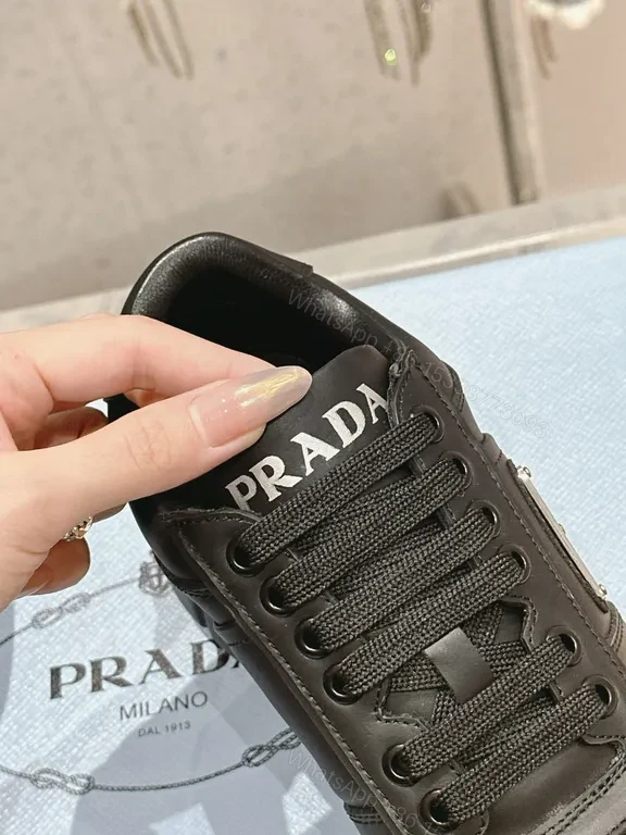 View 3 of Black Leather Lace-Up Sneakers with Prada-Inspired Logo
