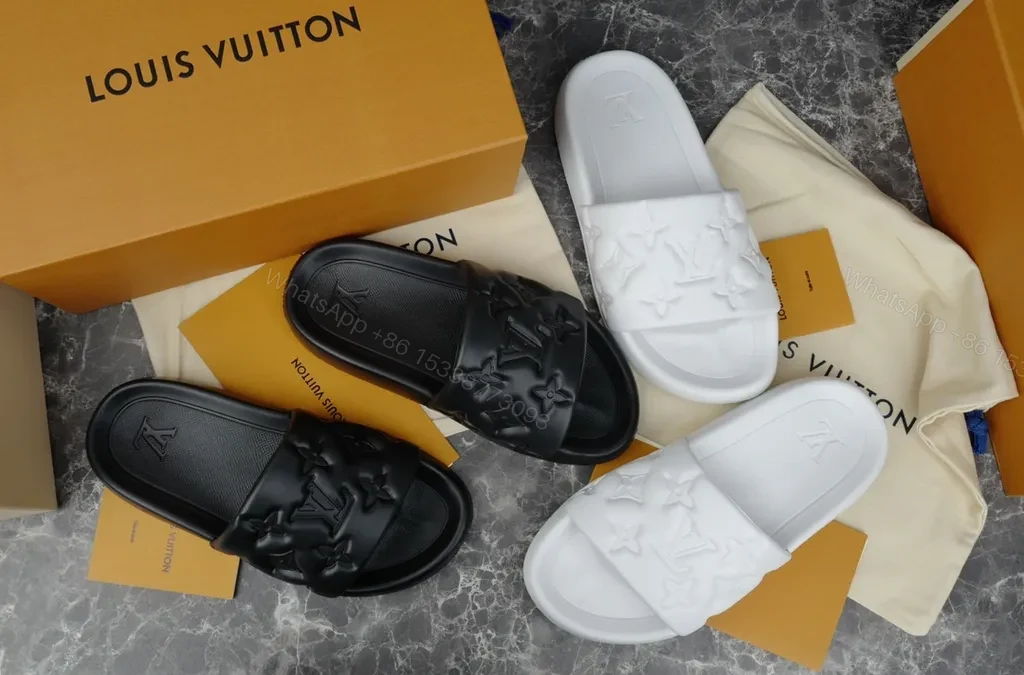 View 4 of Minimalist White Slides with LV Embellishment â€“ Luxe Comfort Slide