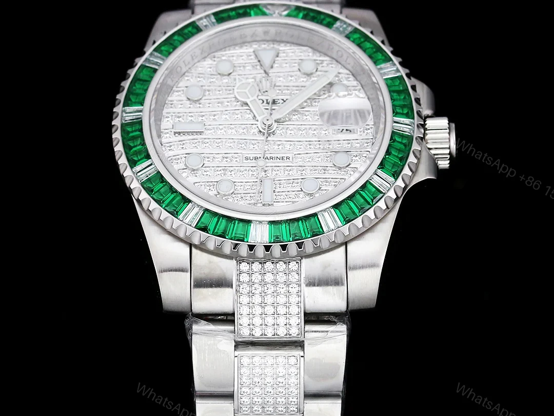 View 3 of Rolex Submariner Green Baguette Diamond Replica 42MM Premium Meteorite Dial Pavé Oyster Bracelet RG-ROLEX-SUB-GREEN-BAGUETTE-42