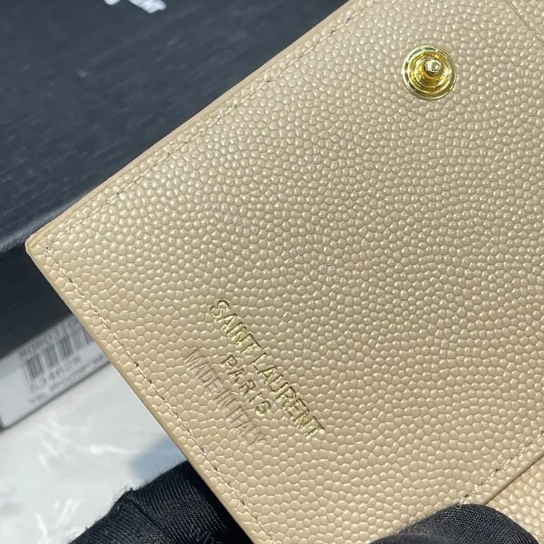 View 9 of Quilted Beige Wallet with Gold YSL Emblem - Luxury Compact Wallet