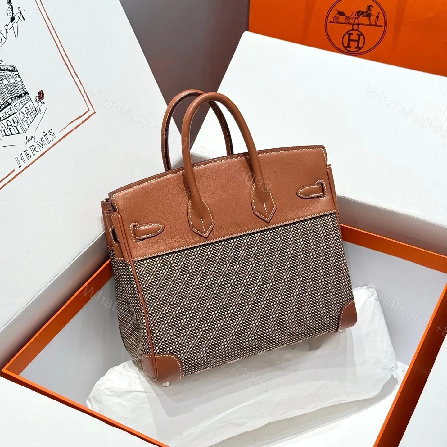 View 2 of HERMES BIRKIN 25CM IN GOLD SWIFT AND BLACK/WHITE/BROWN TOILE CANVAS