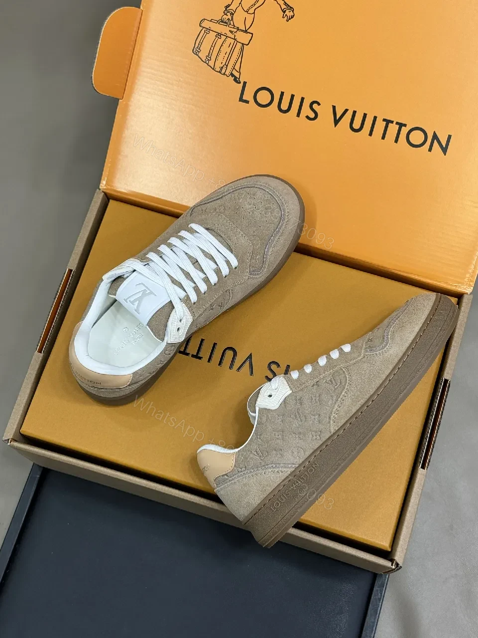View 7 of Low-Top Luxe Sneaker: Taupe Suede, Monogram Textured Comfort