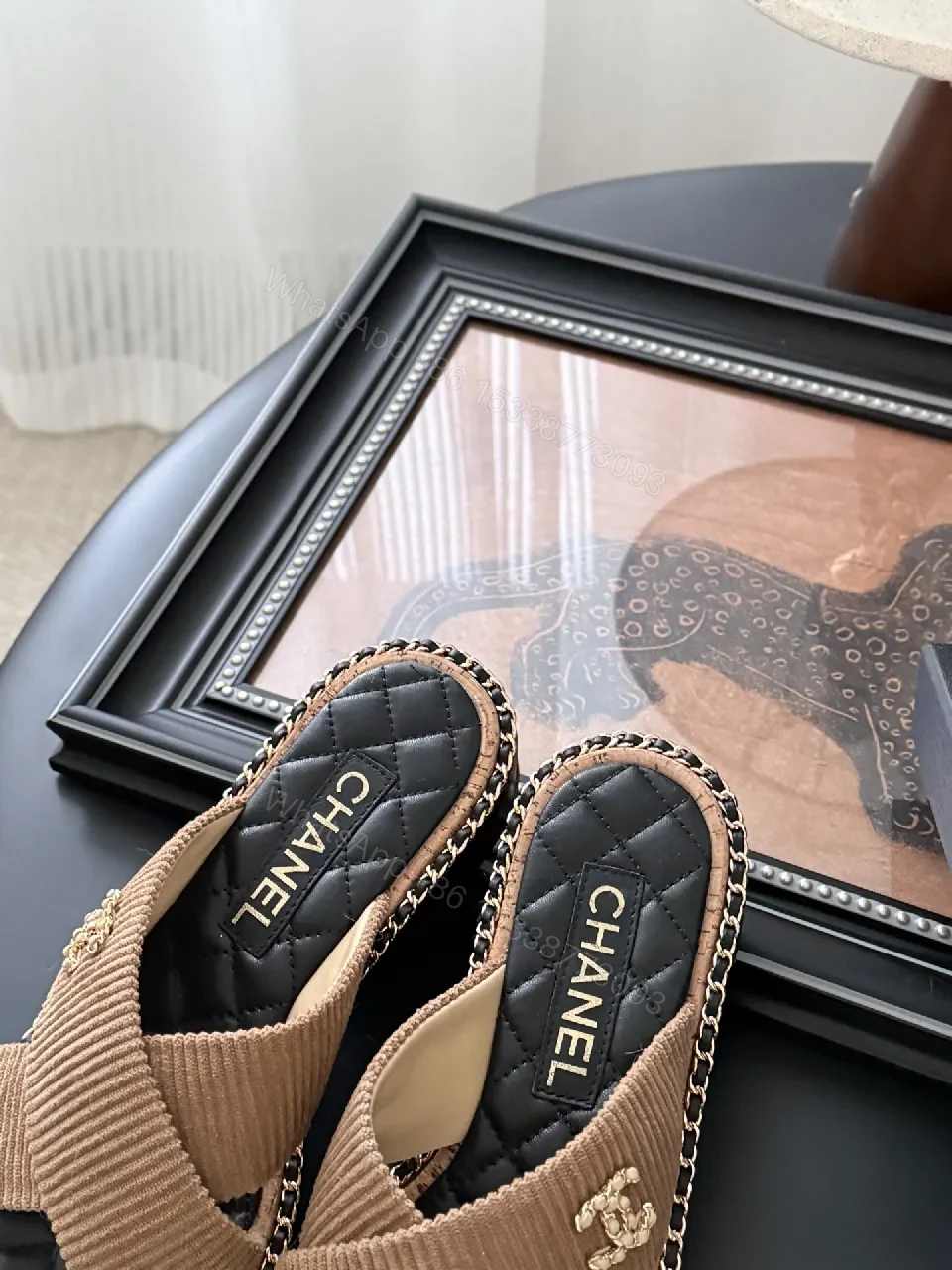 View 5 of Leather-Wrapped Espadrille Slides with Knit Strap, Quilted Footbed