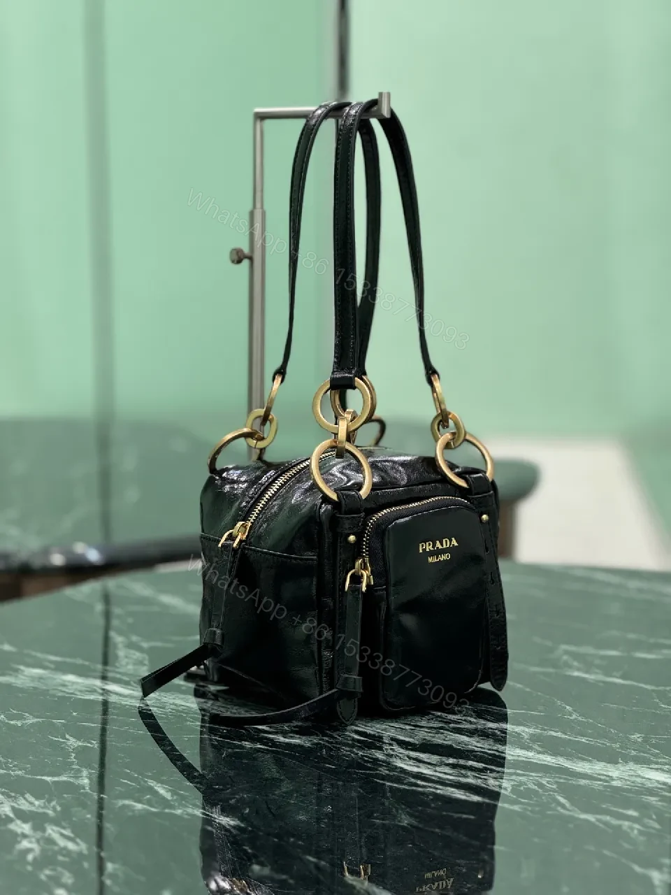 View 3 of Black Leather Compact Bag with Gold Hardware, Modern Luxe, Everyday Carry
