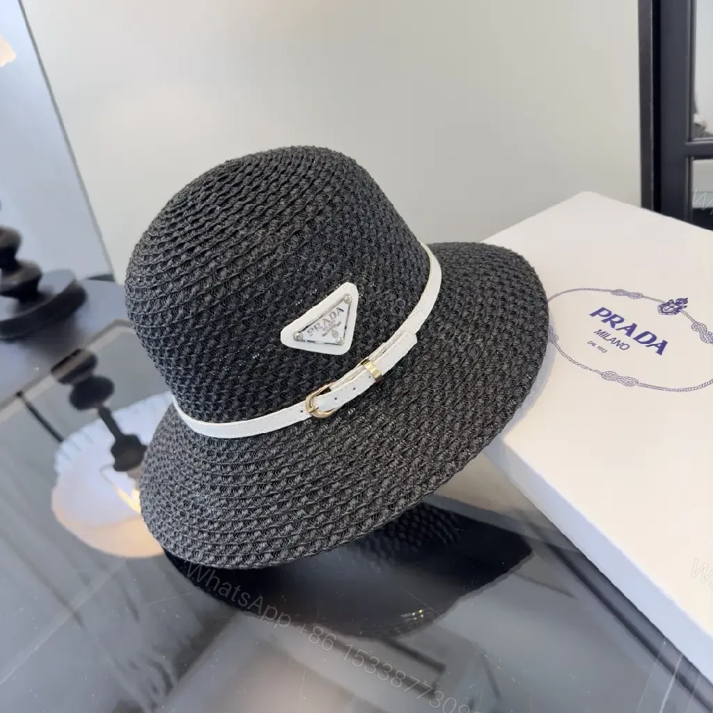 View 5 of Black Straw Weave Fedora Hat with White Band, Gold Hardware, Prada Logo