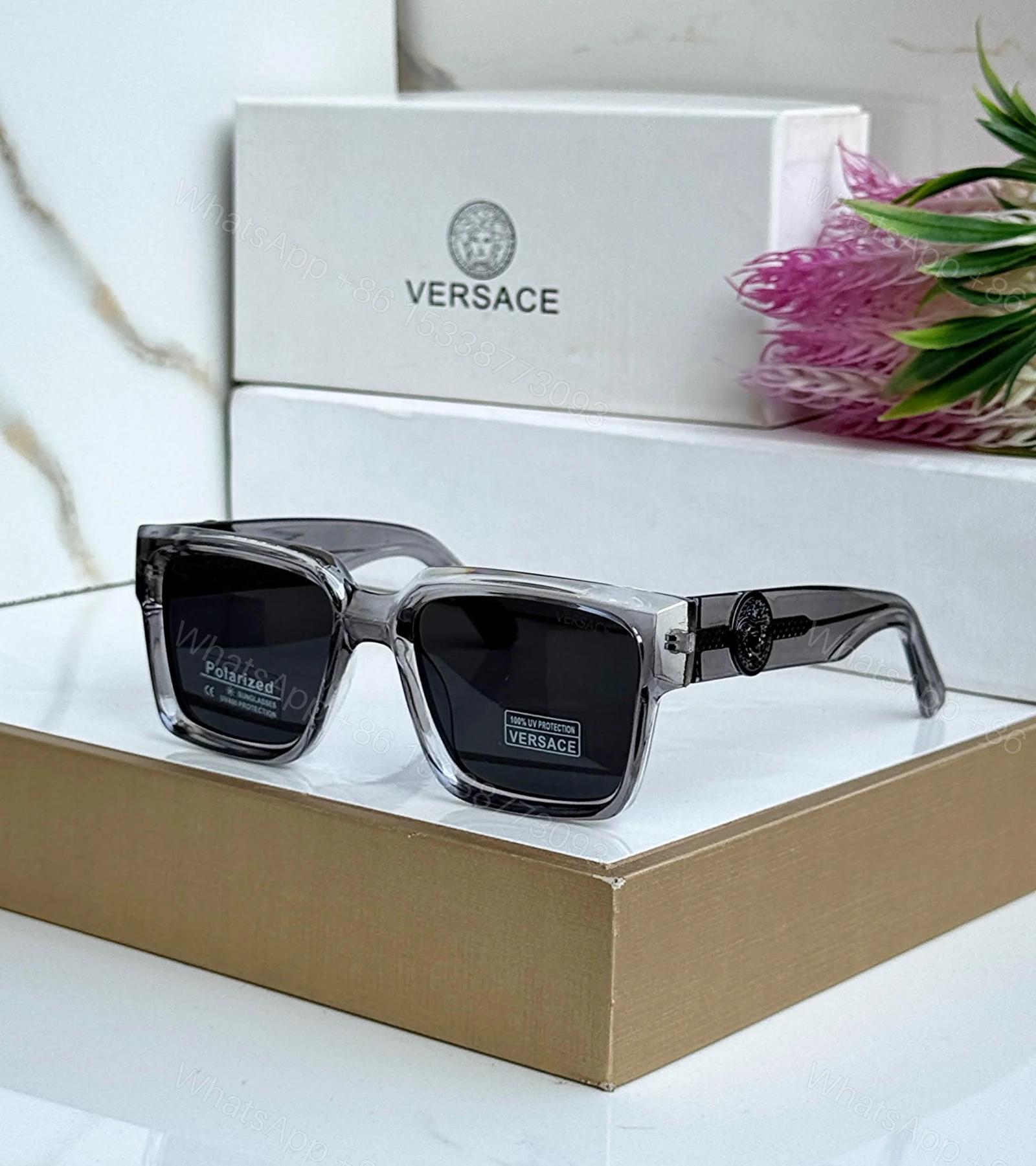 View 4 of Versace Square Polarized Black Transparent Sunglasses