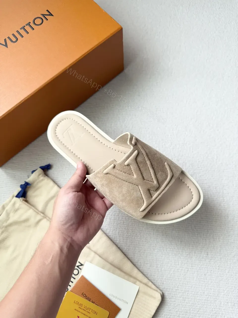 View 8 of Soft-Tone LV-Inspired Suede Slip-On Sandal with Cushioned Footbed