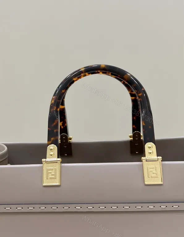 View 8 of Taupe Leather Tote: Fendi ROMA Bold Logo, Structured Style