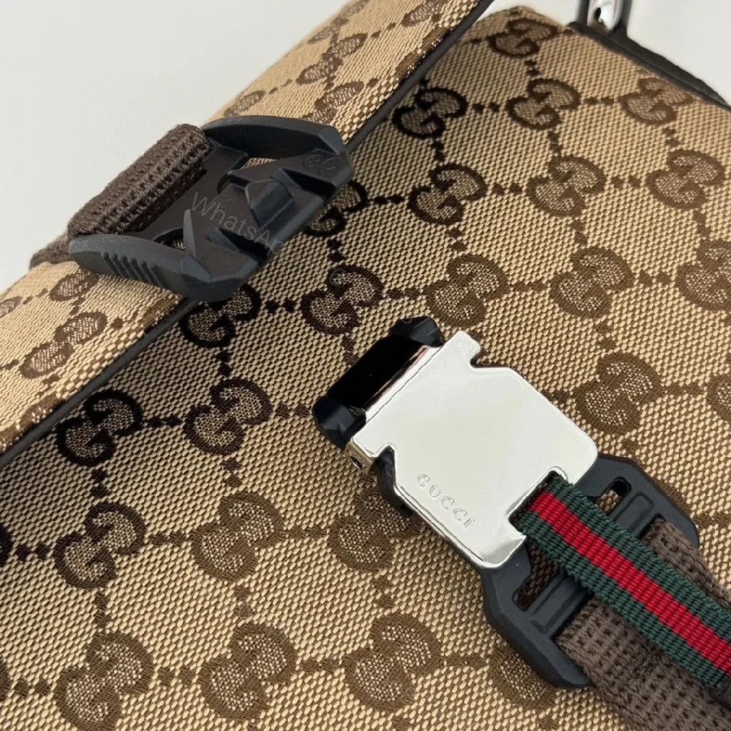 View 3 of Beige Canvas GG Messenger with Modern Webbed Strap