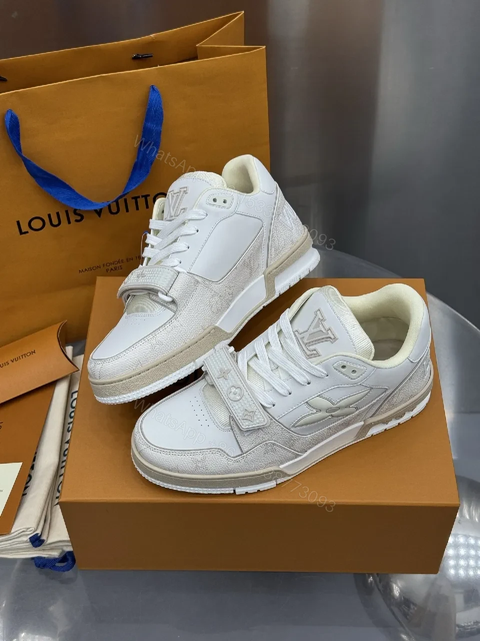 View 8 of White Leather-Texture High-Top Sneakers with Velcro