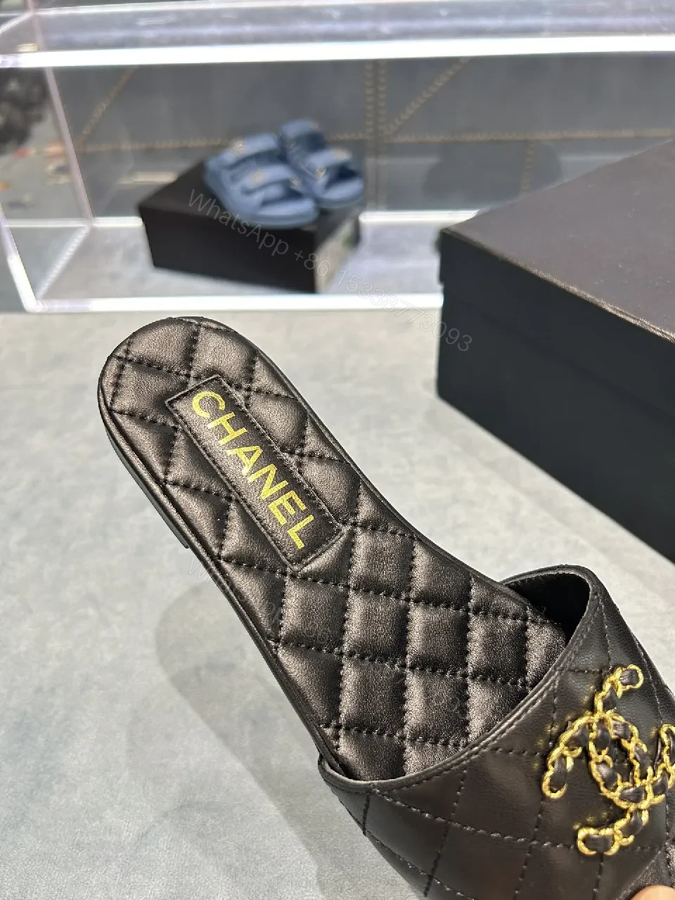 View 7 of Quilted Black Slides with Gold Emblem – Lux Slip-ons