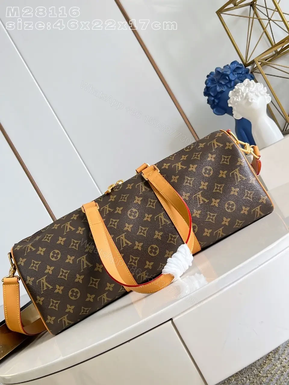 View 3 of Monogram Barrel Bag: Tan Leather Trim, Structured Travel Essential