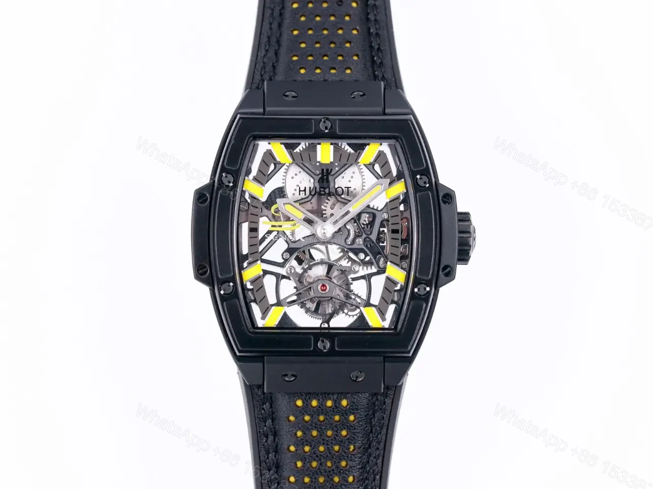 Hublot Masterpiece 906 Black and Yellow Skeleton Tourbillon Watch with 18K Rose Gold/Platinum Plated Case and Leather/Rubber Strap — view 1