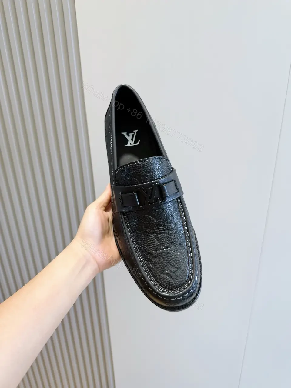 View 4 of Black Leather Moccasin Loafers with LV Buckle, Casual Style, Men’s Shoes