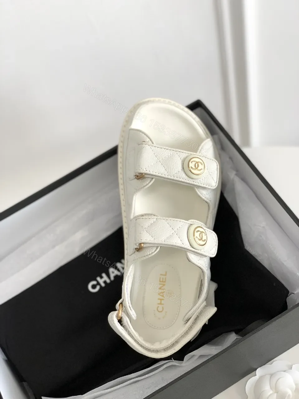 View 3 of White Quilted Sandals with Gold Emblem – Luxe Comfort Sandals