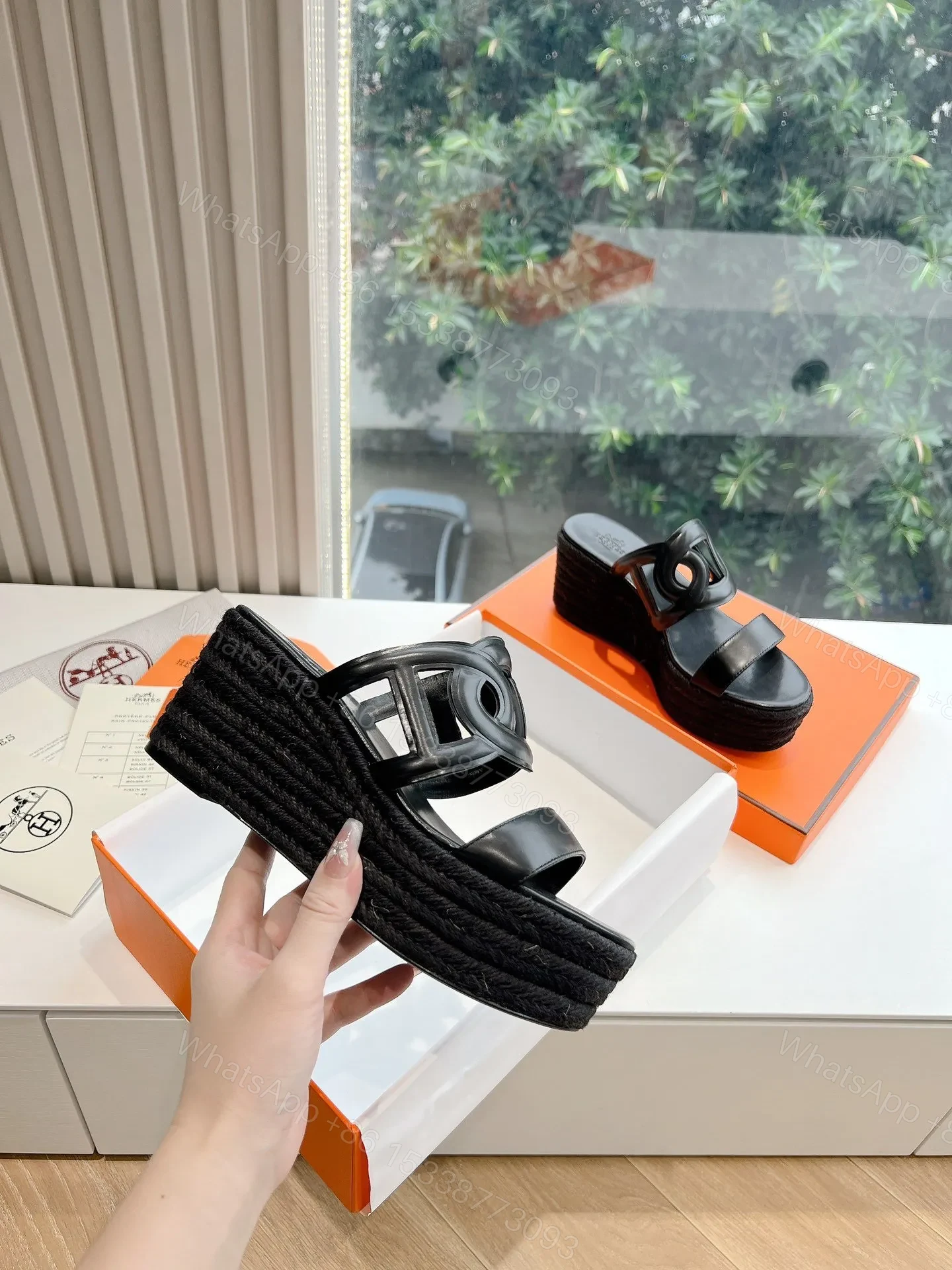 View 5 of Hermes Women Black Leather Slip-On Sandals