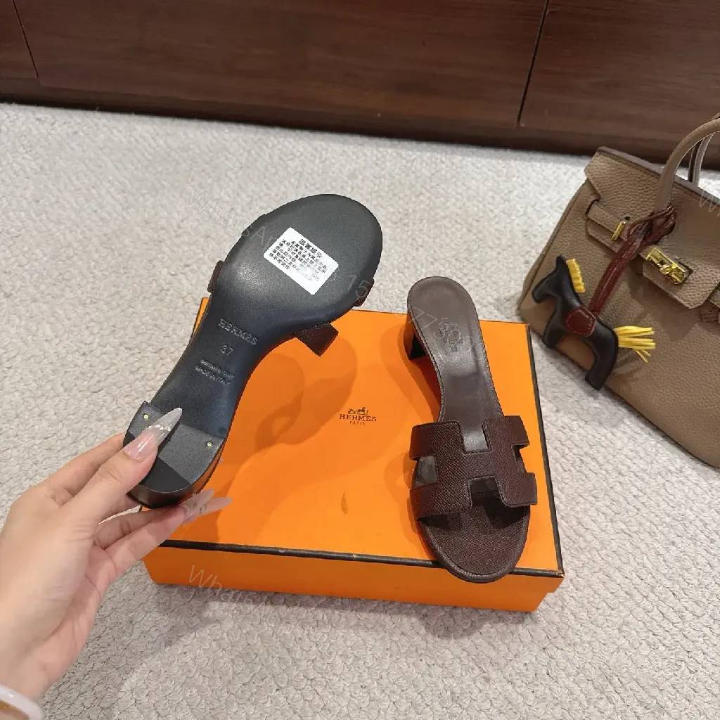 View 6 of Brown Leather H-Style Sandals - Hermes-Inspired Slide Sandals
