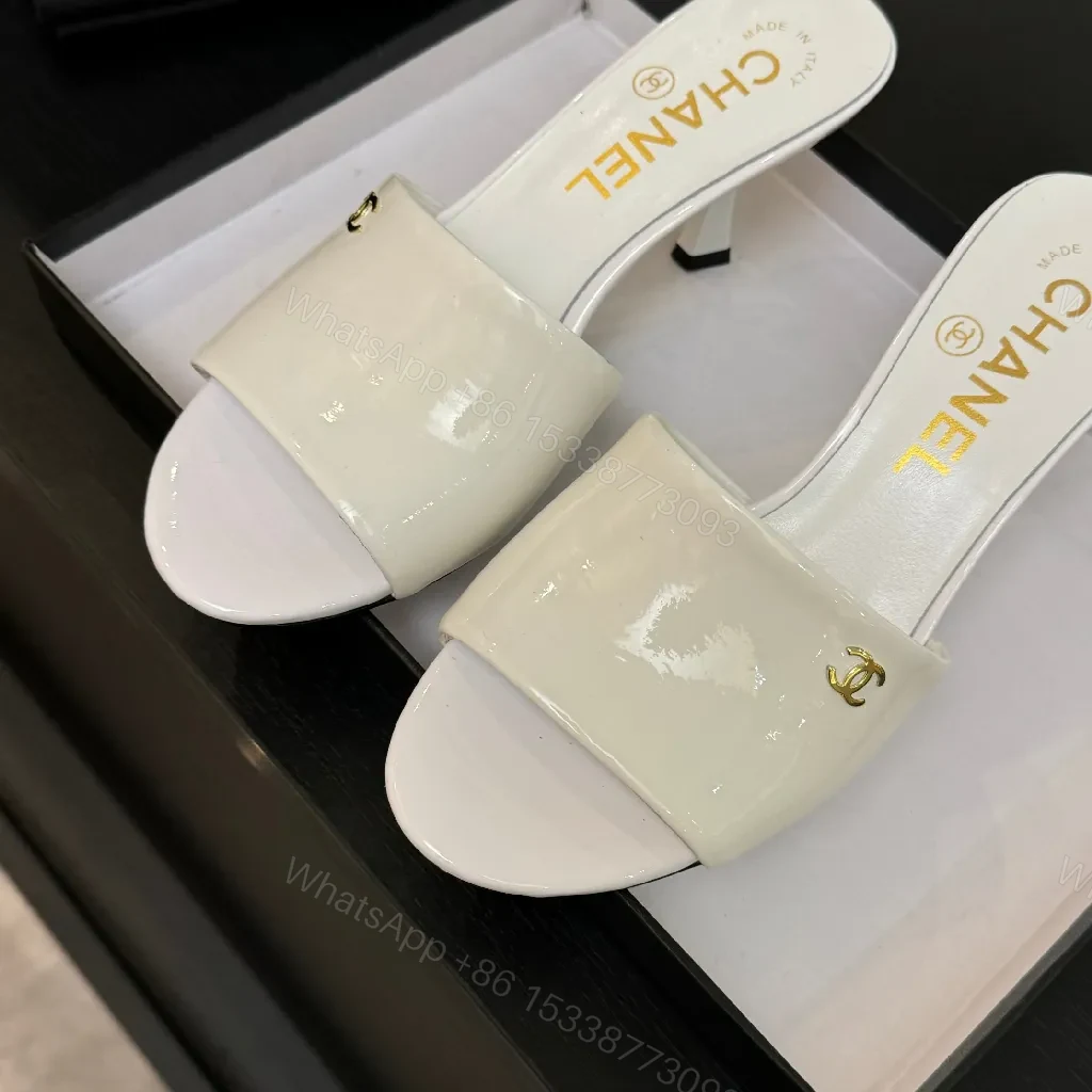 View 8 of White Patent Mules with Gold Logo – Elevating Everyday Glam