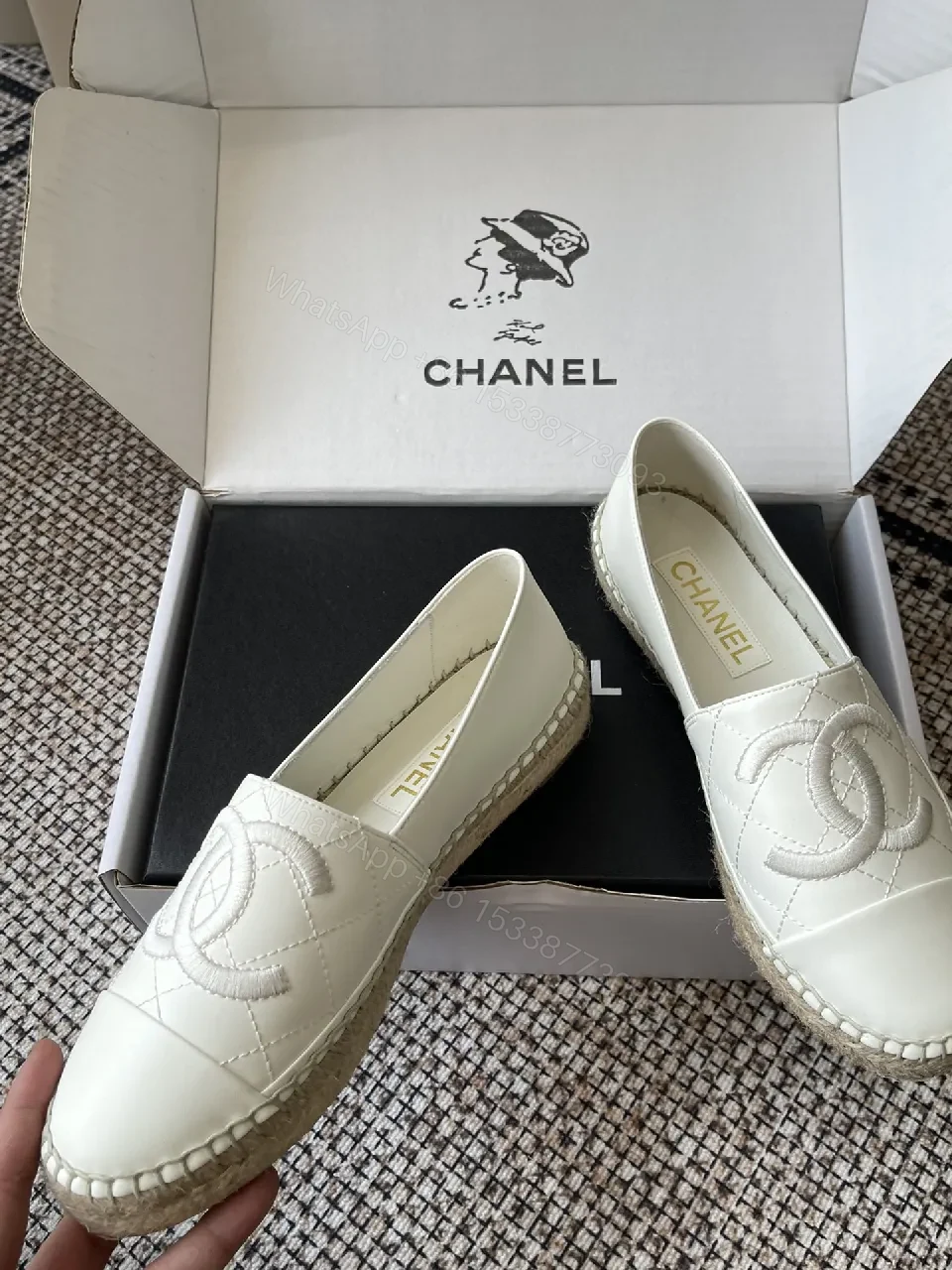 View 3 of Textured White Espadrille Loafers: Quilted Leather & Jute Sole