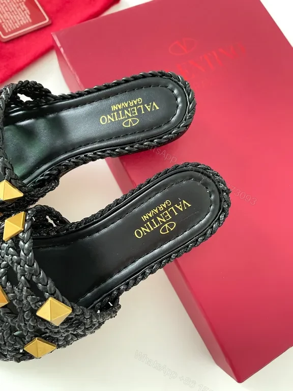 View 4 of Valentino Black Braided Slides with Gold Studs - Luxury Sandal