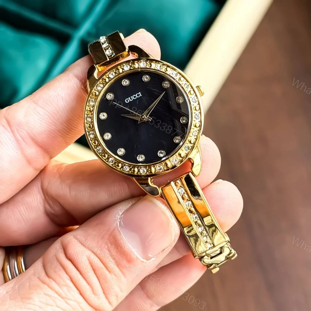 View 2 of First Copy Gucci Diamond Bezel Gold Black Dial Women’s Analog Watch