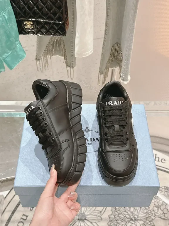 View 9 of Black Leather Lace-Up Sneakers with Prada-Inspired Logo
