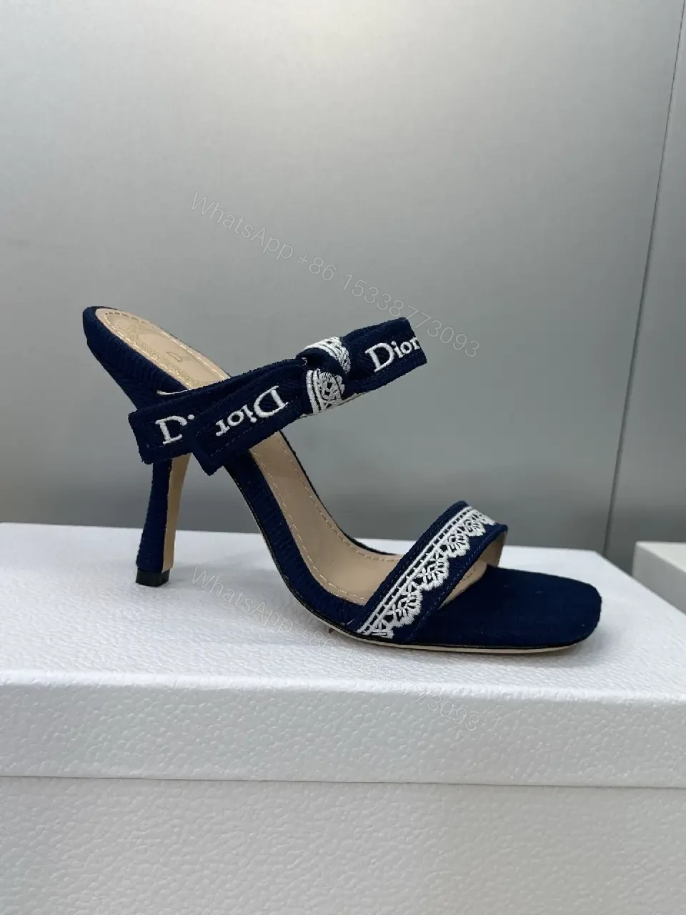 View 3 of Navy Satin Lace-Trim Heeled Sandals - Open-Toe Stiletto