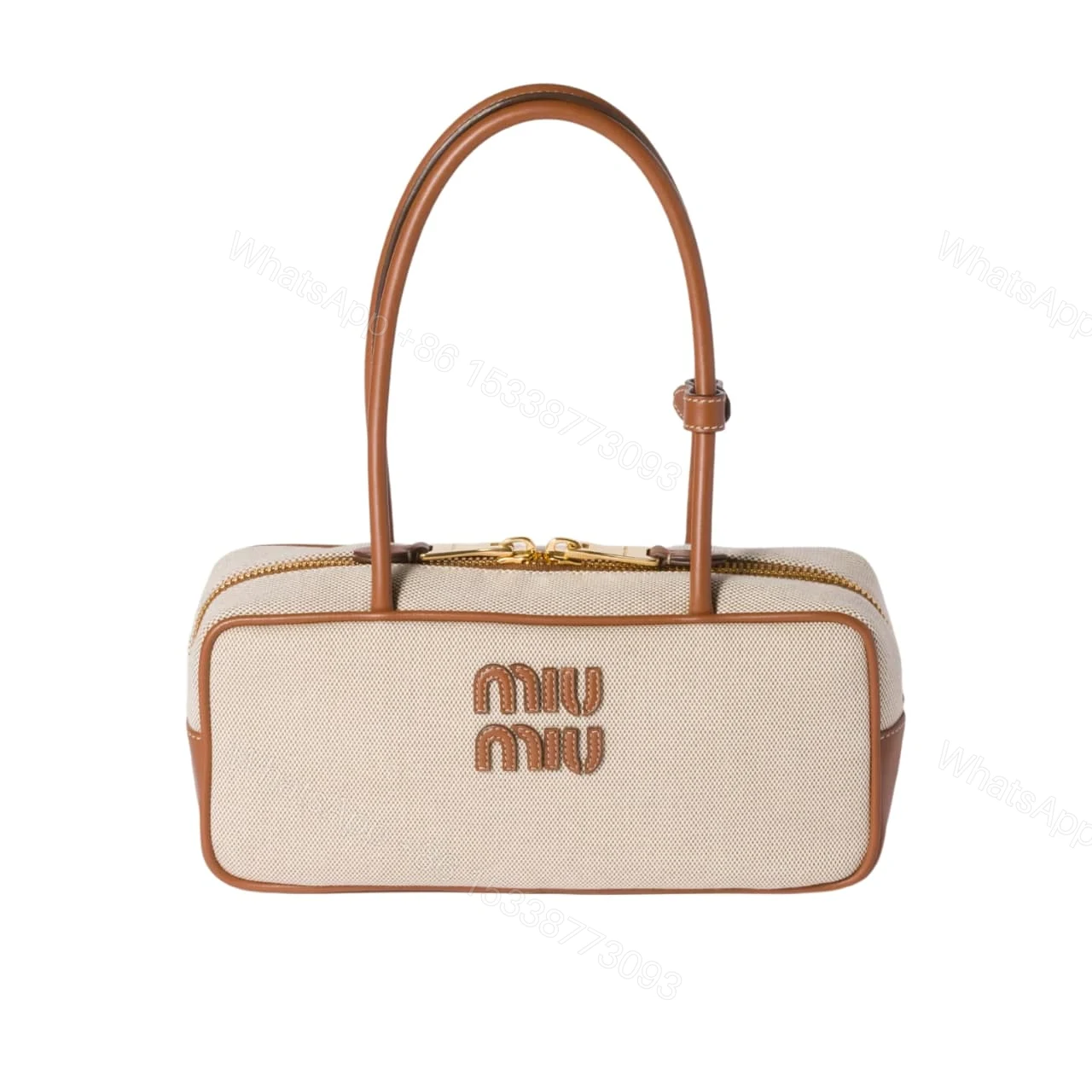 MIUMIU BEAU CANVAS BAG BEIGE AND BRANDY 28CM 5BB173 ACRN F062F V OWM — view 1