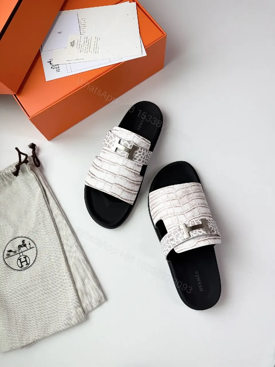 View 8 of White Crocodile-Texture Leather Slides Hermes Style Belt Sandals