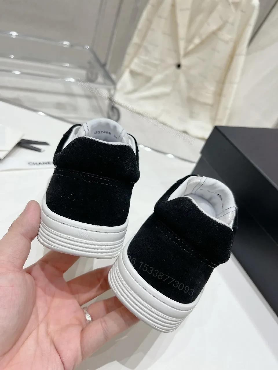 View 3 of Black & White Suede Leather Sneakers - Subtle Logo Details, Everyday High-Tops