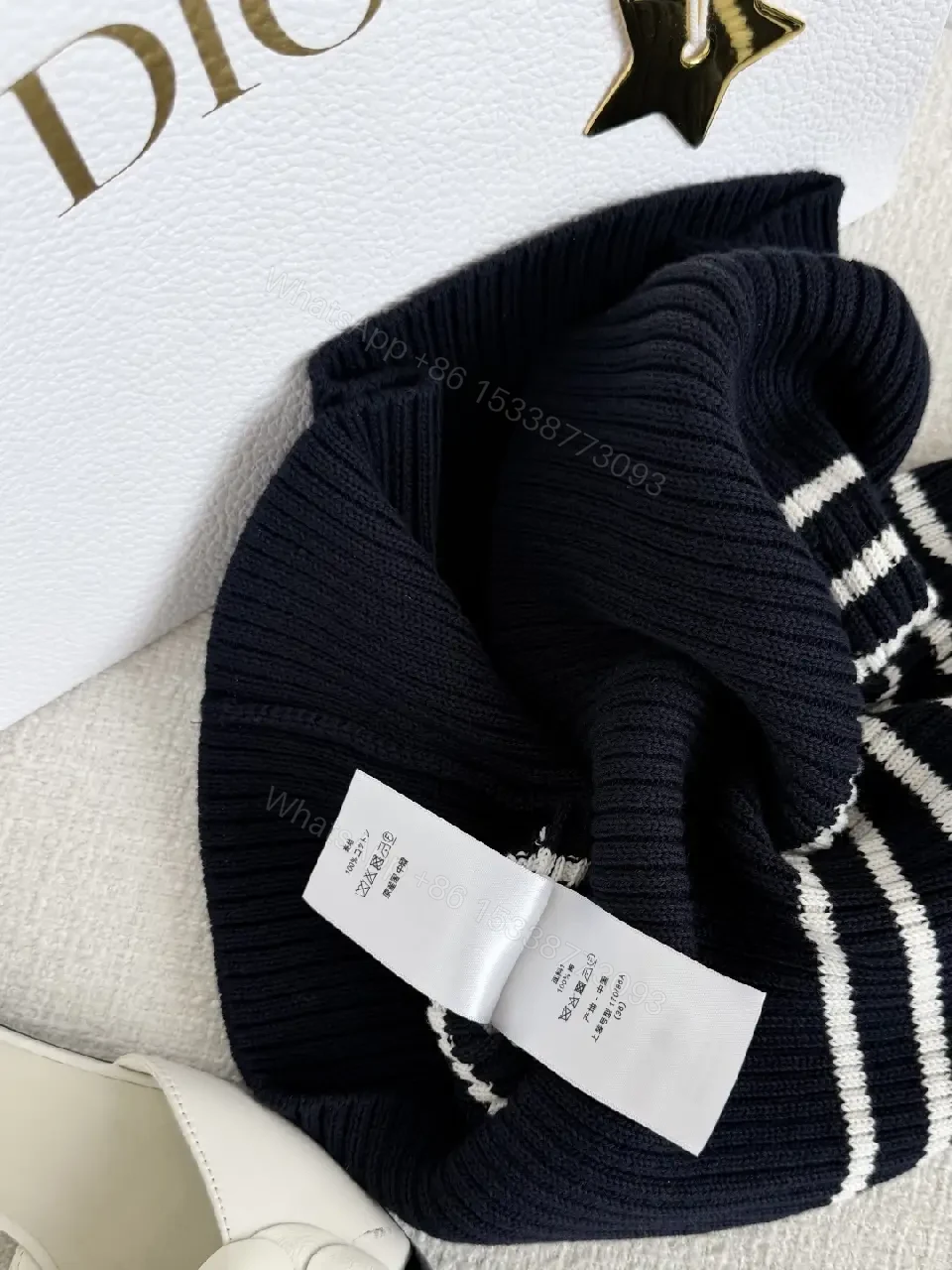 View 7 of Navy White Striped Knit Dress with Bow Tie - Dior-inspired
