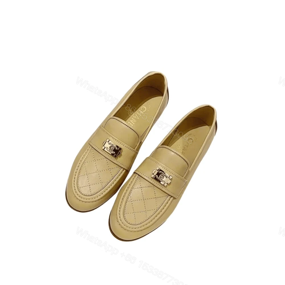Chanel 20B Quilted Boy Lego Metal Logo Gold Mule Slip On Flat Loafers Beige — view 1