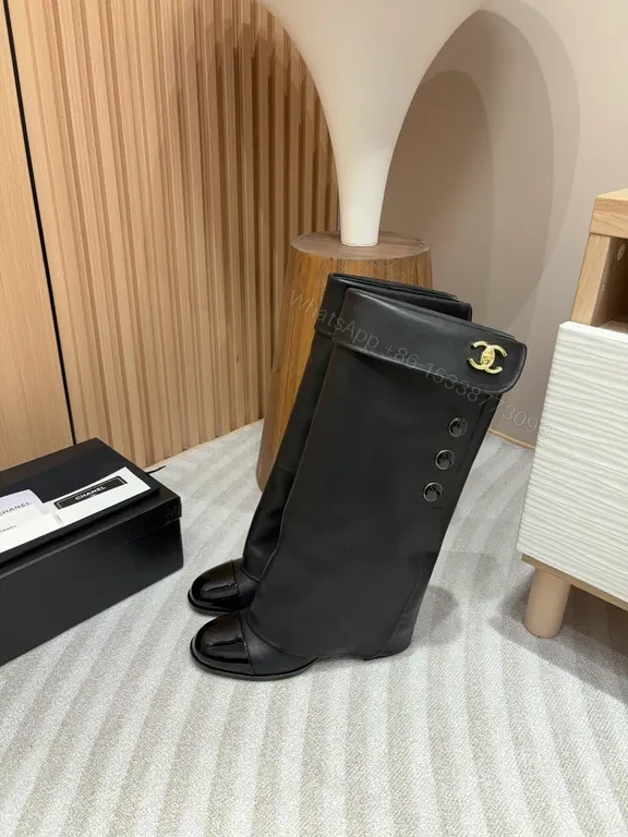 View 4 of Bold Faux Leather Knee-High Boots with Gold Hardware