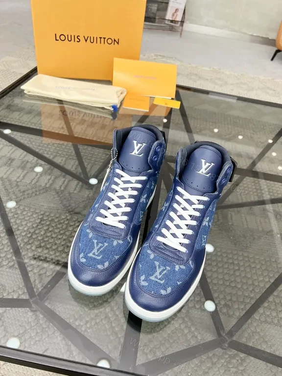 View 7 of Blue Denim High-Top Sneakers with Imitation LV Logo