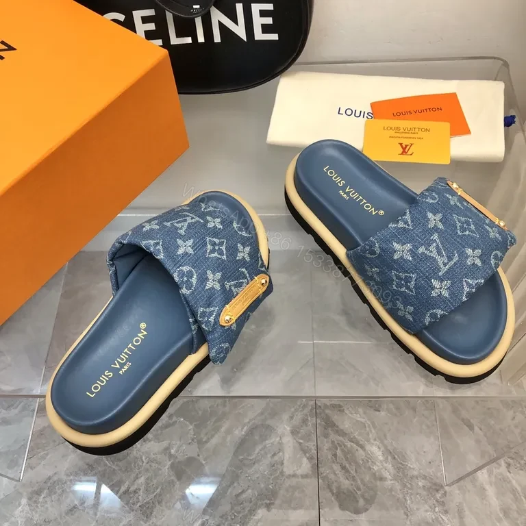 View 4 of Denim Monogram Slides: Luxe Comfort for Summer Style