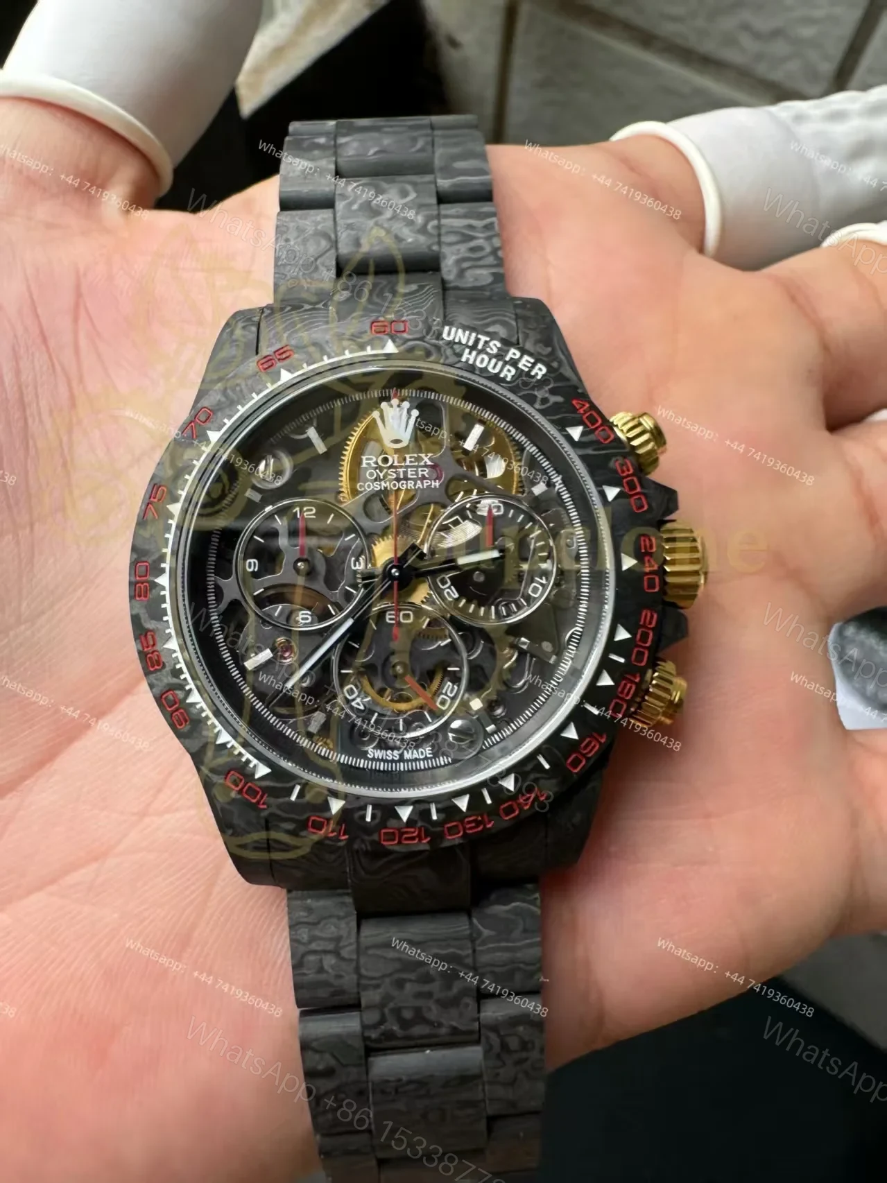 View 3 of Rolex Super Clone Carbon Fiber Daytona Skeleton Red Accents Gold Pushers