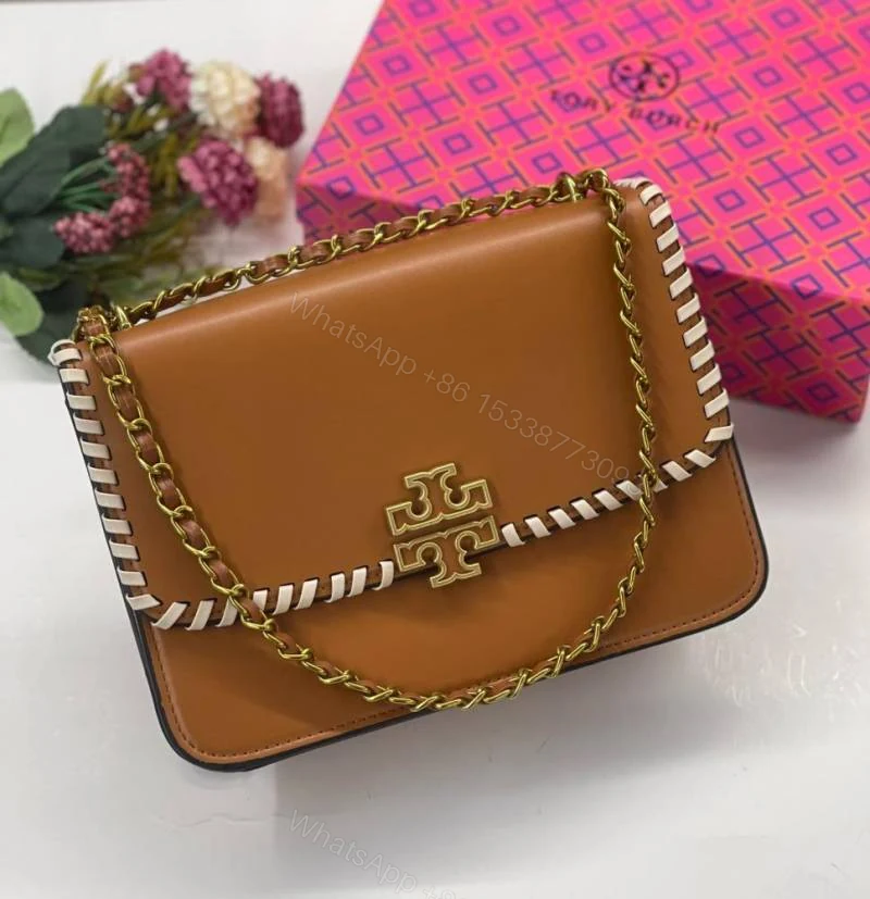 First Copy Tory Burch Ladies Leather Sling Bag Brown Premium Chain Handbag — view 1