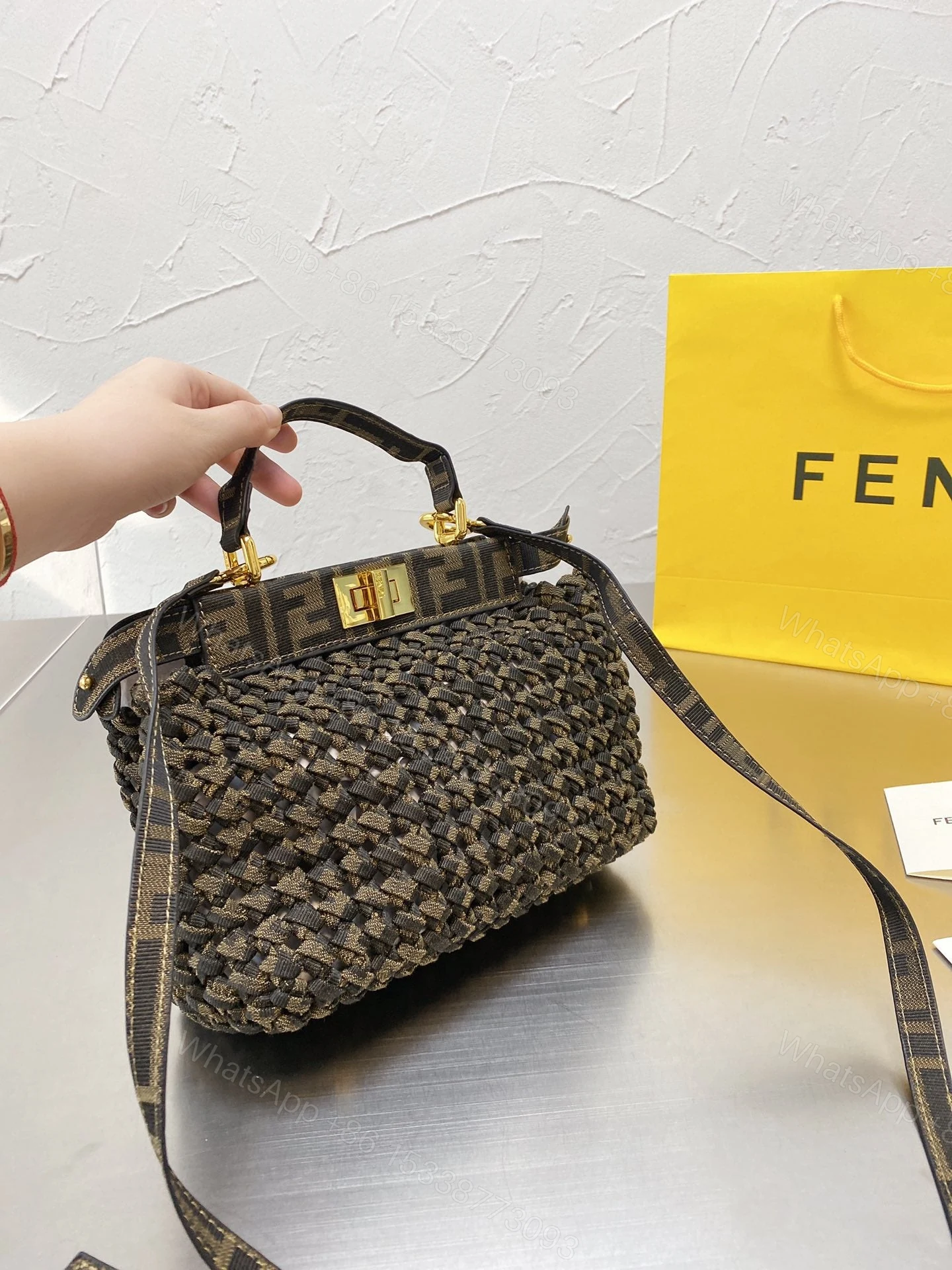 View 5 of Fendi Peekaboo Iconic Mini Jacquard Fabric Interlace Bag