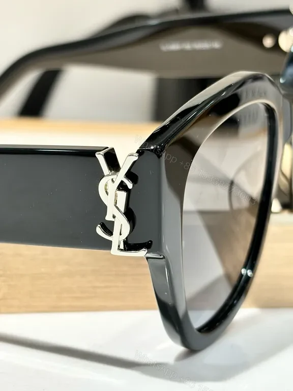 View 3 of Bold Black Acetate Sunglasses: YSL Logo Hardware Statement Sunglasses