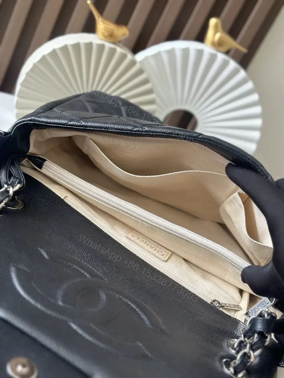 View 9 of Quilted Black Leather Satchel with Silver Chain