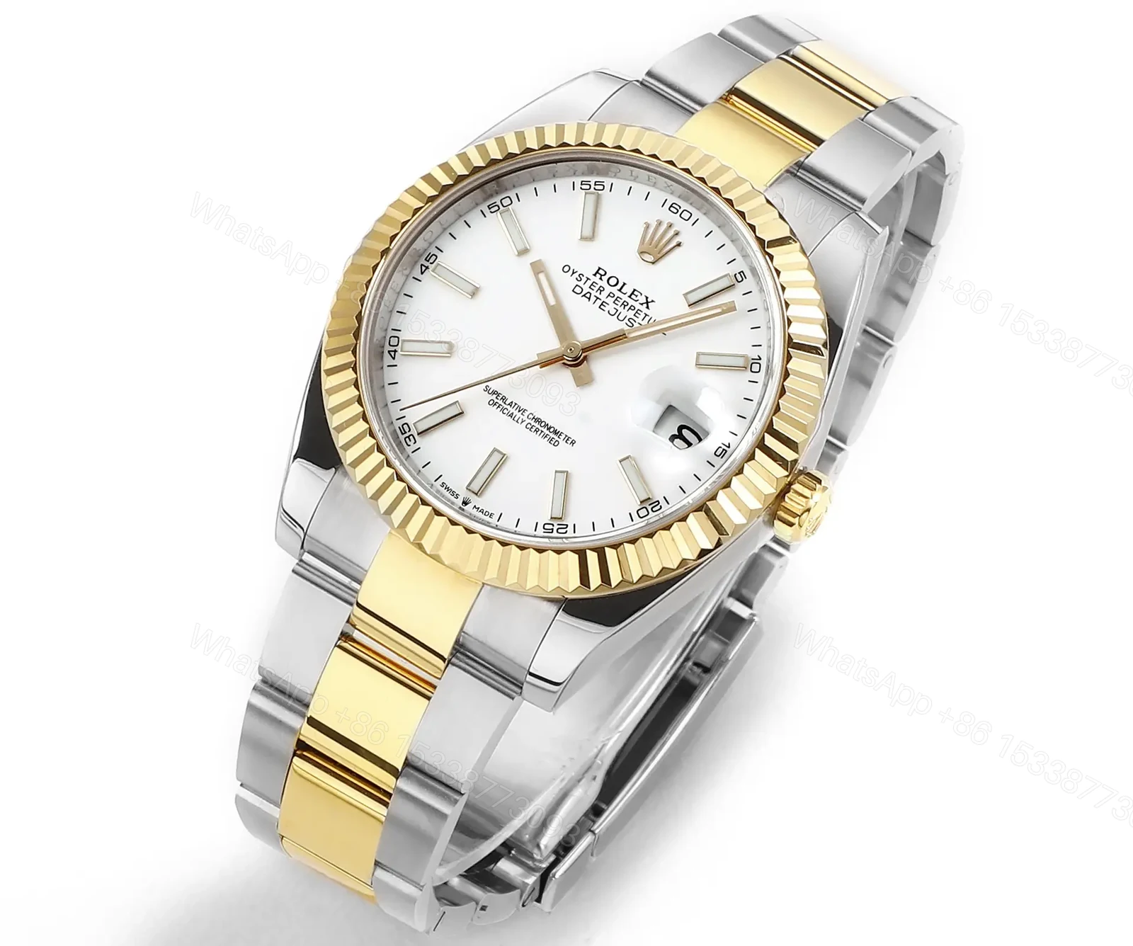 View 2 of Rolex Datejust 41 Yellow Rolesor Fluted Oyster White Dial Watch 126333-0015