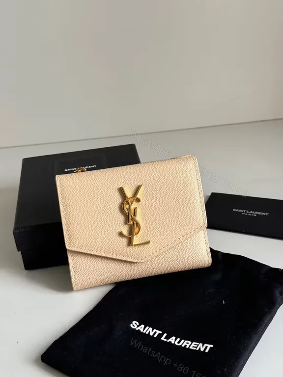 Nude-Pink Pebbled Leather Wallet with Gold YSL Hardware — view 1