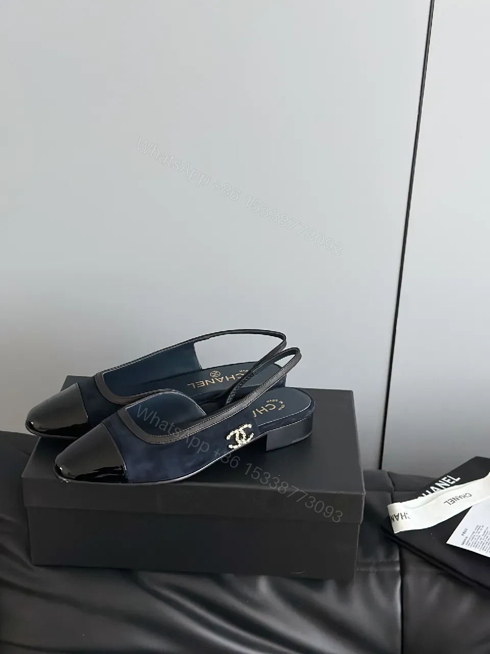 View 4 of Lux Satin Sling-Back Sandals: Navy with Logo Accent